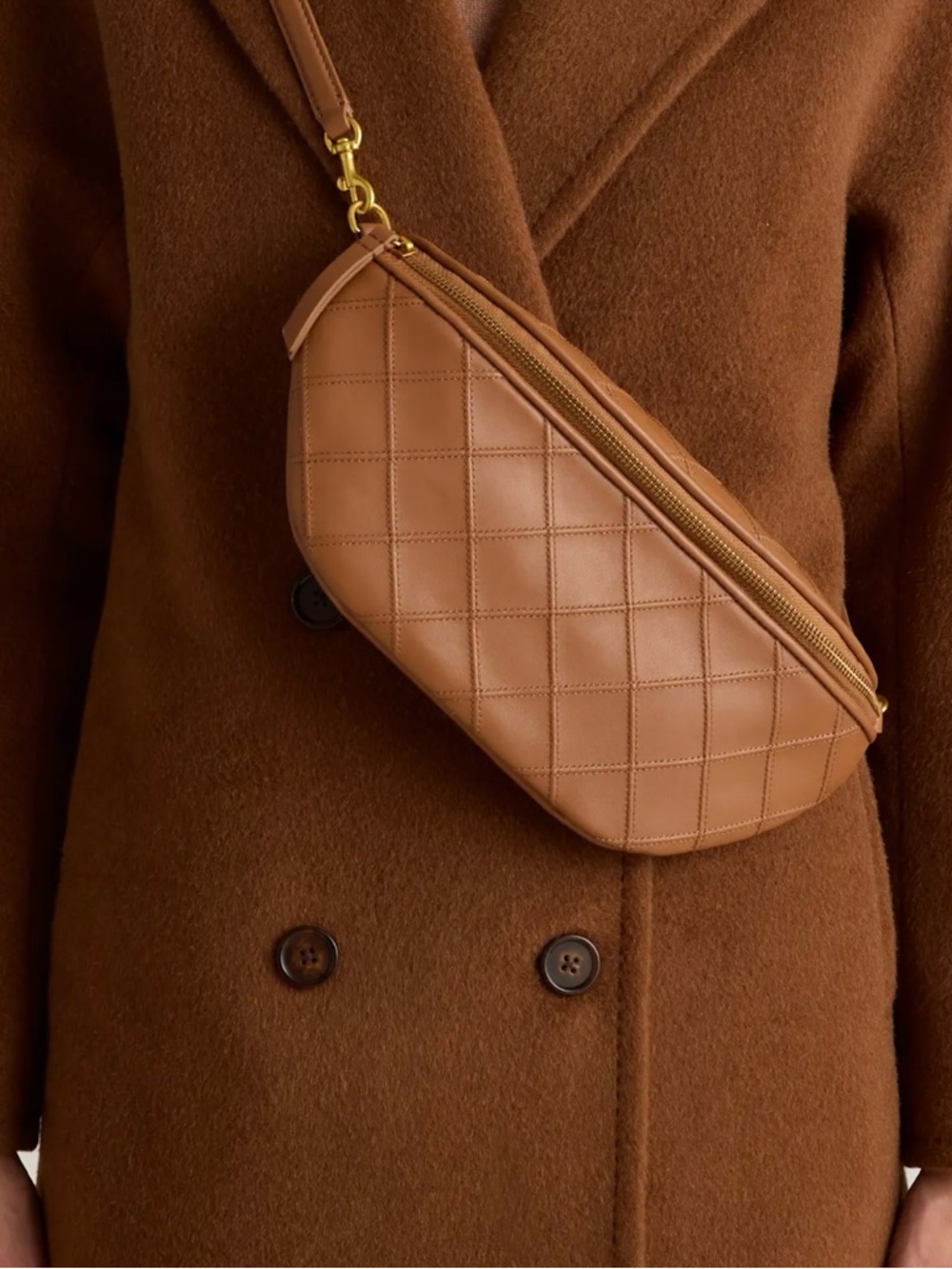 Quince Quilted Leather Crossbody Belt Bag in Tan Brown - Picture 4 of 7